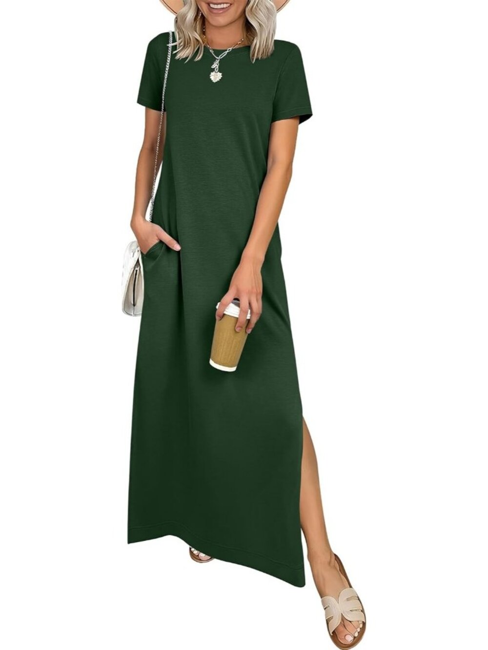 Women's Deep Green Crewneck Summer Casual Maxi Short Sleeve Split Long Dress